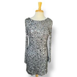 Aidan Mattox Silver Fully Sequined Party Dress Long Sleeve Mini Dress